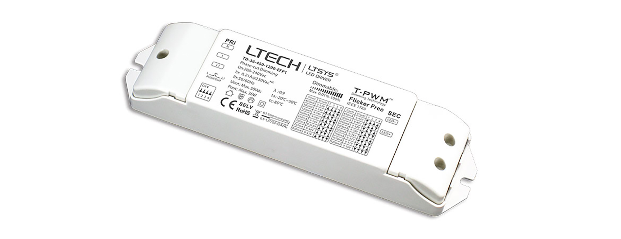 TD-36-450-1200-EFP1  Triac/ELV Push Dim PWM 4-36W 9-54Vdc 4500-1200mA Constant Current Dimmable Driver; IP44.